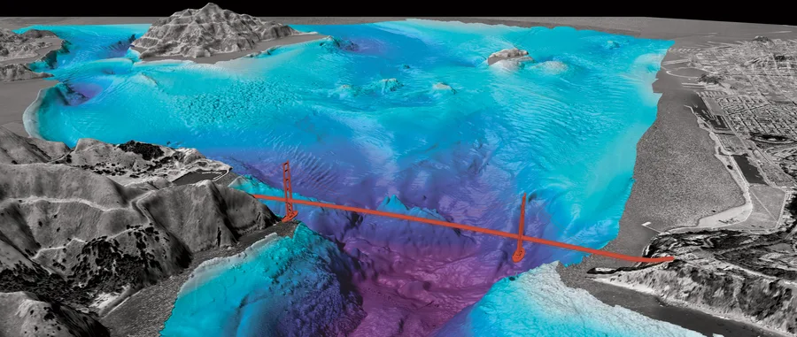 Peta batimetri multibeam berwarna dari San Francisco Bay