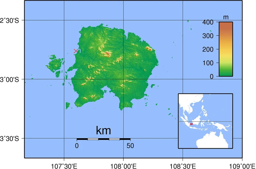 Peta topografi Pulau Belitung menunjukkan lokasi kapal karam Belitung