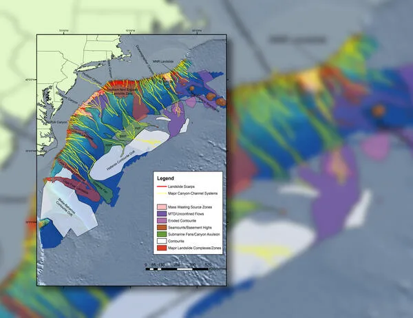 Peta menunjukkan interpretasi awal kompleks longsoran bawah laut besar di sepanjang margin Atlantik AS