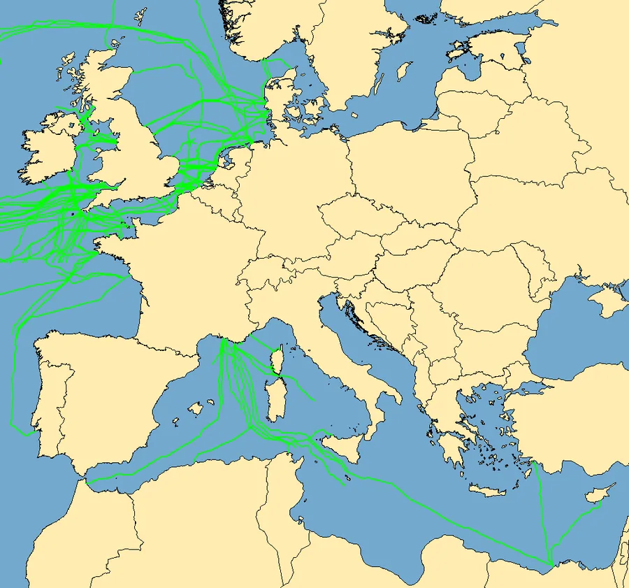 Peta rute kabel telekomunikasi bawah laut di perairan Eropa